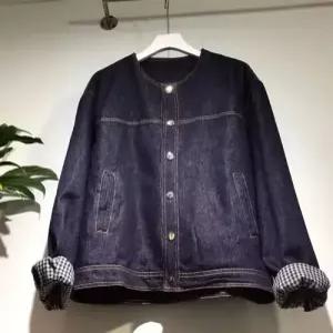 여성용 데님 가을 빈티지 캐주얼 자켓 코트 라운드 체크 소매 톱 OP3