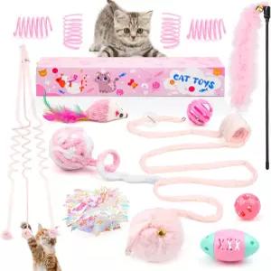 QUOZUO 핑크 고양이 장난감 세트 매달기 인터랙티브 지팡이 스프링 마우스 크링클 볼 및 실내 펫 벨 12개