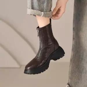 여자 슬림 워커힐 뒷지퍼 스판 워커 앵클 통굽 크로스스트랩 신발 부츠 KS5