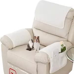 팔걸이 커버 - 3종 세트 포켓이 있는 신축성 미끄럼 방지 보호 TV 소파 세탁 가능 베이지 화이트