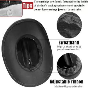 Aswitnov 카우보이 모자 라인스톤 카우걸 부츠 귀걸이 세트 웨스턴 펠트 페도라 재즈 로데오 여성 사이즈