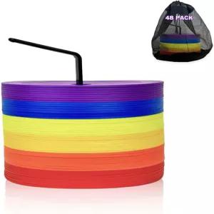 Ashsajkd 48 팩 6 인치 플랫 축구 콘 구멍이 있는 다양한 색상의 비스키드 스팟 마커 스포츠 훈련용 야구