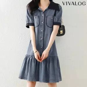 [비바로그][비바로그] 수아 셔츠형 데님 티어드 프릴 원피스