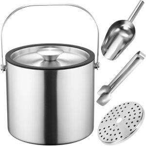 뚜껑이 있는 3L 이중벽 단열 스 버킷 얼음 삽 통 및 스트레이너 와인용 실리콘 밀폐 스테인리스 스틸 욕조