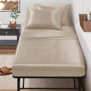 SiinvdaBZX 4피스 간이 침대 시트 세트 31인치 x 75인치 베이지 새틴 사이즈 실크 소프트 Rv 2층 좁은