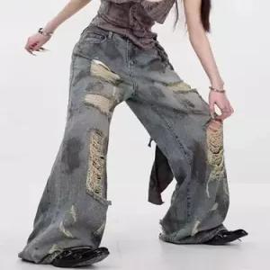 청 바지 남성 하계 빈티지 찢어진 와이드 나염 슬리퍼 배기핏 KS2