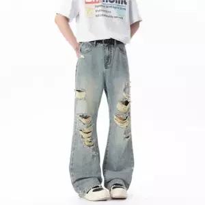 바지 청 남사친 여름 배기핏 찢어진 트렌드 얇은 와이드 KS2
