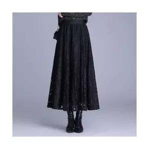 여성용 쉬폰 스커트 펀칭 레이스 밴딩 허리감 플리츠 가을 캐주얼 롱 KS3
