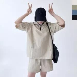 T3 W 여자 후드 아노락세트 커플 셋업 반팔 반바지 오버핏 운동복 셋업 룩