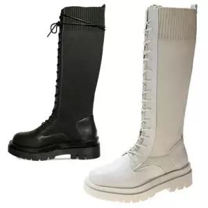 [카미엣뮤즈]니트 콤비 레이스업 롱 부츠_KM23w200