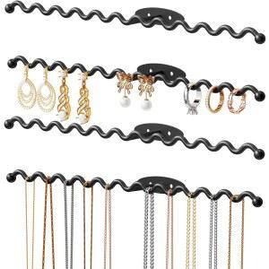 목걸이 귀걸이 팔찌 반지 침실 욕실 주방 현관용 장식 디스플레이 웨이브 디자인 수납 홀더용 NiHome 벽걸이 금속 주얼리 정리함 4팩 블랙