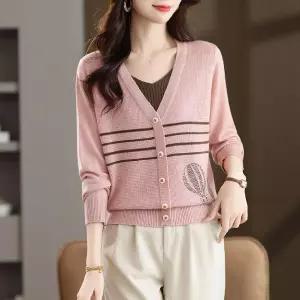 포뇨 여성 봄가을 가짜 투피스 스트라이프 니트 가을 브이넥 상의 OPH3