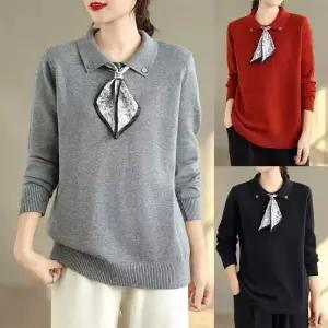 포뇨 여성 스카프 넥타이 브이넥 긴팔 니트 가을 빅사이즈 상의 OPH3