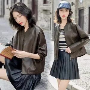 여자 빈티지 캐주얼 자켓 PU가죽 코트 봄가을 차이나카라 가죽 상의 OP3