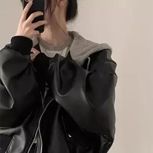 검정 여성 모터사이클 재킷 상의 봄가을 PU가죽 자켓 OP3