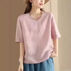 여성 여름 브이넥티 반팔 솔리드 모시 브이넥 맨투맨 탑 티셔츠 OP2