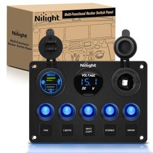 Nilight 5 Gang 다기능 방수 스위치 패널 PD 타입 C 및 USB 충전기 디지털 전압계 12V 콘센트 로커, RV 차량 보트 트럭 트레일러용 인라인 퓨즈 포함