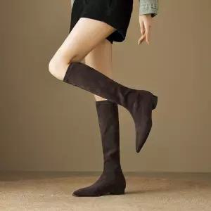 엘럽 블랙 여성 롱부츠 스웨이드 부츠 무릎까지오는 스틸레토 굽이 낮은 통굽 스판 박템5