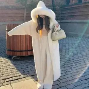 [옷자락]여성 오버사이즈 케이블 니트 후드 롱 가디건 무릎 길이