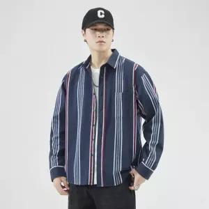 GLINE 남자 체크 셔츠 가을 빈티지 카고 캐주얼 스트라이프 매치할 오버사이즈 재킷 상의 JEN3