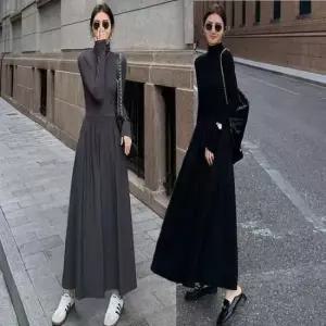 [SBD] 여자 A라인 슬림 긴팔 플리츠 롱스커트 원피스 목폴라