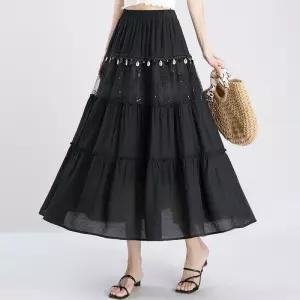 밴널스샵 치마 롱 여성용 망사 여름 쉬폰 프렌치 레이스 반짝이 하이웨스트 슬림핏 HO2