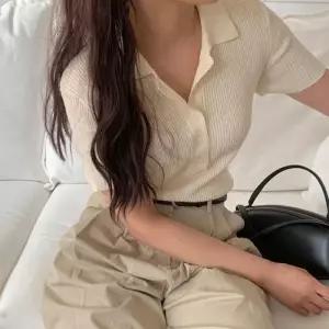 [리빌모아]여성 빌리프 골지 카라 반팔 니트 SGW-KNH-Q023-크림