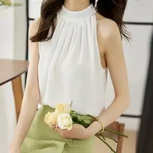 홀터나시 여성 여름 홀터넥 블라우스 쉬폰 민소매 셔링 나시