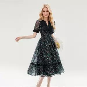 헐크 치마 원피스 롱 빈티지 여친 여성 브이넥 레이스 프린트 슬림핏 KKE1