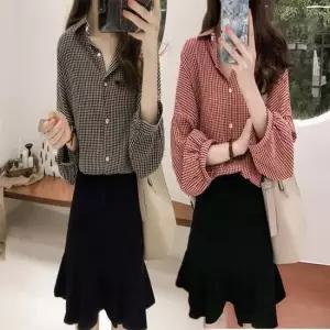 여성티셔츠 여성 잔체크 퍼프소매 체크패턴 블라우스 셔츠 남방