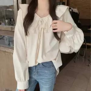 시스루셔츠 루즈핏 프릴 블라우스 넥프릴 리본 셔링 벌룬핏