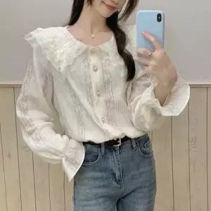 이중 레이스 프릴 긴팔 블라우스 진주단추 청바지코디 여성셔츠블라우스