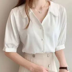 실크블라우스 새틴 쉬폰 블라우스 브이넥 진주 카라 하객 오피스룩