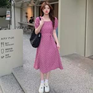 [리빌모아]여자 스퀘어 도트 롱 반팔 원피스 JSW-OPS-SP0000CDE-진핑크