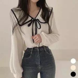 배색블라우스 예쁜 리본 매듭 넓은 카라 여친룩 예쁜 블라우스