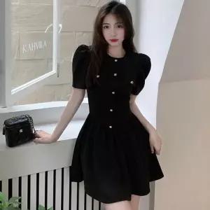 [리빌모아]여자 금장 버튼 블랙 반팔 미니 원피스 JSW-OPS-SP0000CJZ-블랙