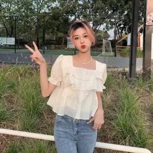 [리빌모아]여자 스퀘어 쉬폰 반팔 블라우스 JSW-BLH-SP0000CJW-크림베이지