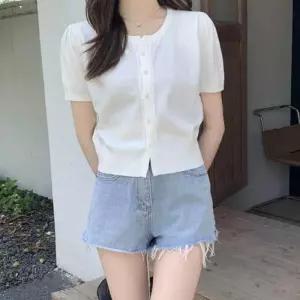 [리빌모아]여자 라운드 슬림 크롭 반팔 가디건 LDW-CAH-SSIS411-화이트