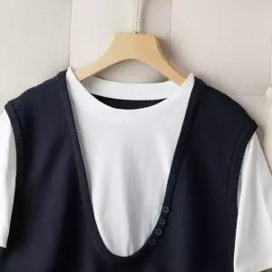 밴널스샵 여사친 니트 면 봄 여름 페이크 투피스 스웨터 배색 반팔 티 HO2