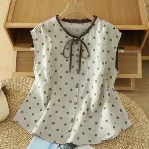 EAMT 여친 원피스 여름 빈티지 캐주얼 플라워 도트 민소매 면마 스트링 셔츠 톱 EUNG2