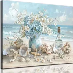AKOTAC 블루 오션 비치 욕실 캔버스 월 아트 씨사이드 조개 그림 프린트 불가사리와 흰색 꽃이 있는 해안