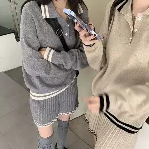 [골드스마일]배색 카라 니트 스커트 투피스 세트 MFNC-040135