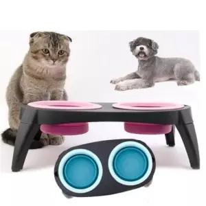 [반려] 블루 높이조절 접이식더블식기 1P 밥그릇 보울 강아지 접이식