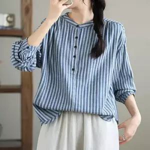 EAMT 여친 빈티지 오피스룩 캐주얼 스트라이프 셔츠 헨리넥 면사 긴팔 올가을 톱 EUNG3