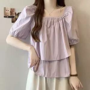 스퀘어넥 여리핏 레이어드 반팔 블라우스 러블리 피크닉룩