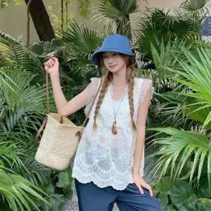 민소매블라우스 여성 민소매 레이스 자수 레이어드 블라우스