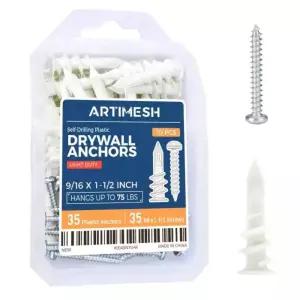 ARTIMSH 8 70PC 자체 드릴 드라이월 앵커 키트 35개의 탭핑 나사가 있는 75LB의 헤비 듀티 플라스틱 행거
