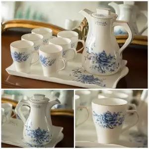 파란꽃무늬 GZ99DV13 도자기 주전자 물컵세트 쟁반 포함 선물용