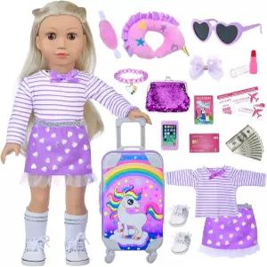 돈트노 29개 인형 의류 및 액세서리 18인치 귀여운 여행 놀이 세트 보라색 수트 유니콘 가방 립스틱 카메라