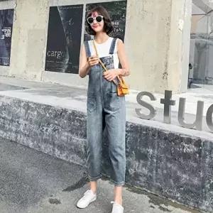 캐주얼 데님룩 여성 9부 롤업 팬츠 연청 멜빵 바지 (HSJ-WA3C50C)